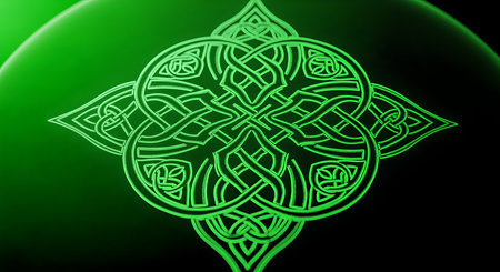 Green celtic knot emblem in abstract design. It is illuminated against dark backdrop creating mesmerizing and artistic pattern.の素材