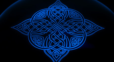 Blue celtic knot design glowing illuminated is glowing. Celtic symbol with blue light on dark backdrop. Abstract interlaced knot pattern design art.の素材
