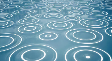 Concentric circle pattern of ripples expanding across surface with liquid floor and shiny effect. Abstract texture with repetitive pattern creating mesmerizing backdrop 3dの素材