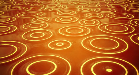 Rings on surface concept background with ripple circles expanding outward on liquid material. Orange geometric pattern in an abstract with futuristic design and modern art.の素材
