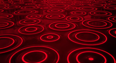Surface ripple effect with circular wave patterns creating abstract scene. Circles and rings in deep red color concept. Shiny texture and surface with wave designsの素材