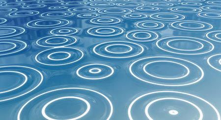 Wave pattern radiating from center of water surface forming ripples. Circular motion and light reflections create fluid appearance and represent serenity in blue backgroundの素材