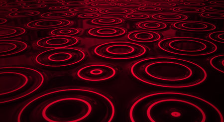 Abstract illustration of red concentric circles on reflective surface for modern design.  It is 3d rendered with geometric patterns for background texture.の素材