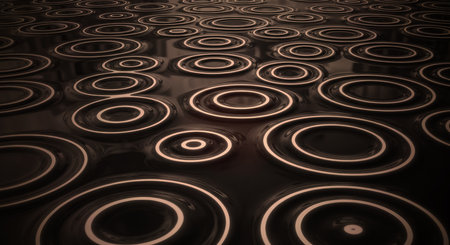 Repeating abstract shapes glowing on surface. Circular rings with neon light effect and shiny illuminated background wallpaper for pattern design circles use.の素材