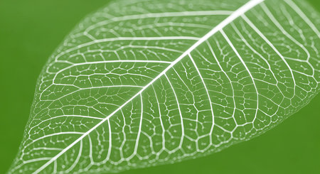 Leaf skeleton against green backdrop. Delicate nature showcases botanical pattern and fragility, venation, translucent texture, closeup of veins, macro flora design.の素材