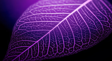 Macro shot of purple skeleton leaf showcasing intricate vein patterns. Focus on delicate veins and abstract patterns of purple leaf on dark backdrop.の素材