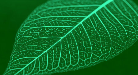 Leaf skeleton with green veins against dark green backdrop. Delicate nature showcases botanical pattern, fragility, venation, translucent texture, macro plant.の素材