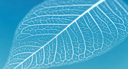 Delicate leaf skeleton translucent against light blue background. Detail nature's intricate pattern. Botanical fragility in its venation texture. Close up transparent form.の素材