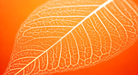 Close up of white leaf vein skeleton against orange background emphasizing intricate details. Focus on structural details of white veins against vibrant orange.の素材
