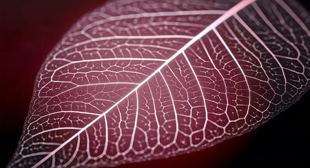 Displays leaf skeleton intricate vein pattern. Dark background enhances nature art symbolizes fragility delicate texture abstract design backdrop bright light.の素材