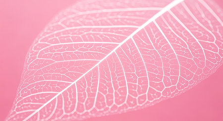 Closeup displays leaf skeleton displaying intricate vein pattern. Pink backdrop emphasizes nature's beauty symbolizing elegance delicate textures art translucent element.の素材
