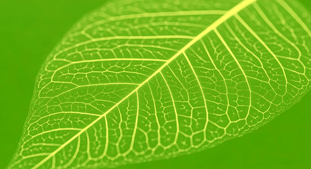 Green and yellow leaf skeleton shows veins detail. Vivid background highlights nature details of skeleton. Vein pattern abstract design in botanical study.の素材