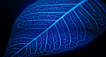 Abstract presentation of leaf. Intricate leaf skeleton with blue veins against dark background showing delicate detail. Focus on leaf vein structure.の素材