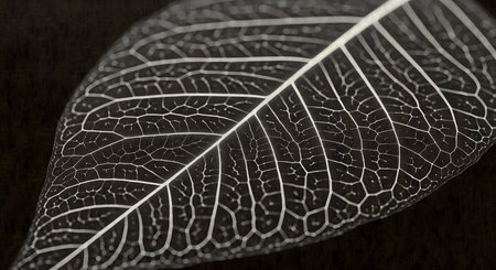 Dry leaf skeleton with intricate vein pattern. Monochrome close up of foliage showcasing nature's delicate details against dark background. Botanical veins texture.の素材