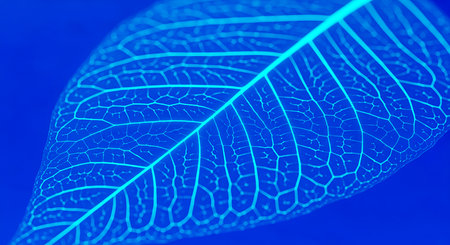 Abstract presentation of leaf. Close up of bright blue leaf skeleton showing intricate vein pattern against solid blue background. Detail of a leaf vein.の素材