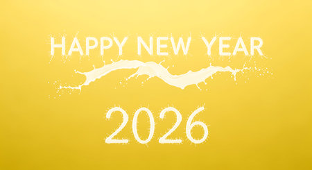 Festive happy new year 2026 featuring splash effect perfect for futuristic celebrations, countdown, and cheerful greetings on yellow backdrop.の素材