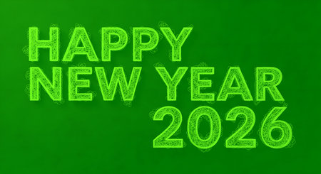 Celebrate happy new year 2026 celebration with green text backdrop. Happy new year wishes upcoming year 2026 with stylish text pattern.の素材
