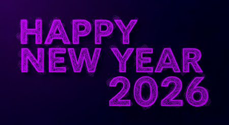 Celebratory message with a unique scribbled font style. Happy new year 2026 with neon purple color, perfect for holiday season greetings card design backgroundの素材