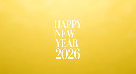 Minimal celebration concept for happy new year 2026. Elegant white text on radiant yellow background offers modern greeting for new year season.の素材
