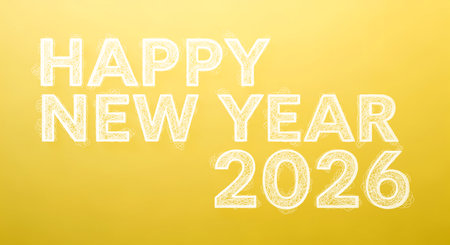 Happy new year 2026 greeting card in yellow background. String art style gives unique texture. Perfect for new year wishes. Modern festive card design.の素材