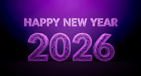 Celebrating happy new year 2026 using cool purple wireframe style with dark gradient backdrops. Suitable for festive season design and graphic designs.の素材