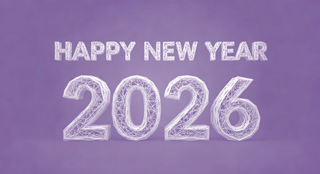 Wish happy new year 2026 using wire frame design. Use as invitation. White against purple background. Perfect for celebrating future event.の素材