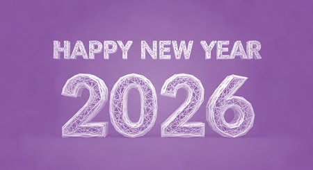 Concept for happy new year 2026 made with connected lines in white against light purple backdrop. Wish your friends and family new year 2026.の素材