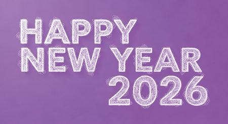 Happy new year 2026 scribbled text on purple backdrop. Great for seasonal wishes, celebration backgrounds, and festive greetings or similar projects.の素材