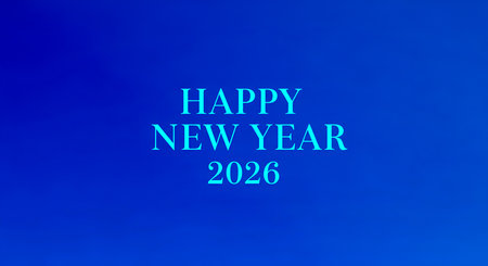 Minimalist style happy new year 2026 greeting card on blue background for future wishes hope concept upcoming celebration. Wish your colleagues successの素材