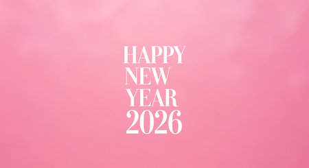 Happy new year 2026 greetings with text on pink backdrop is perfect to celebrate holiday festive occasion and upcoming new year's day.の素材