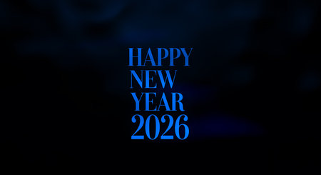Elegant happy new year 2026 with classic blue text. Against a black background to showcase elegant seasonal greeting and holiday designs.の素材