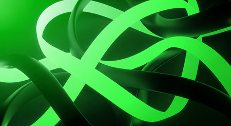 An abstract composition with intertwined luminous green tubes and pipes creating visual appeal on dark background for artistic expression and graphic use.の素材