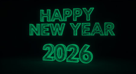Celebrate upcoming 2026 with happy new year greetings featuring glowing wireframe text. Perfect for digital cards, banners and festive seasonal celebrations.の素材