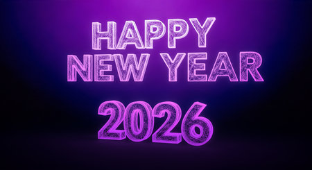 Happy new year 2026 with wireframe design ideal for holiday greetings and futuristic celebrations. Purple color scheme creates stylish effect for designsの素材