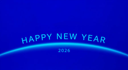 Minimalist happy new year 2026 graphic with text. Blue gradient background perfect for digital greeting, celebration of beginning a new year, new beginning.の素材