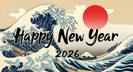 New Year's card with the image of the sea and mountains. Vector illustration.の素材