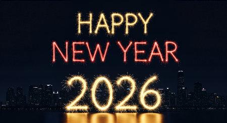 Happy New Year 2016 written with Sparkle firework over night cityscape backgroundの素材