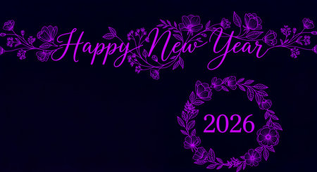 Celebrate beginning of upcoming year with happy new year 2026 decorative design with floral elements in purple theme for festive time and joyful celebrationの素材