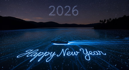 Drone light show displaying happy new year 2026 greetings over lake. Boat sails during dusk, creating beautiful light painting. New year event, aerial light display.の素材