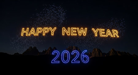 New year 2026 illuminated with colorful light effects set against mountain silhouettes. Celebrate beginning of festive year with dynamic display.の素材