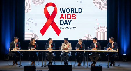 Panelists gather on stage to promote awareness for hiv and aids. Discussion is around world aids day highlighting december 1st date and promoting awareness for hiv.の素材