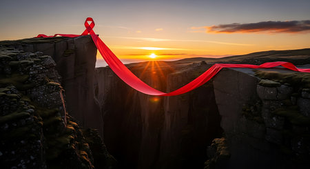 Aids ribbon atop rocky cliff overlooking ocean at sunset as powerful symbol. Hope for future awareness, and prevention. Global solidarity in health campaigns.の素材