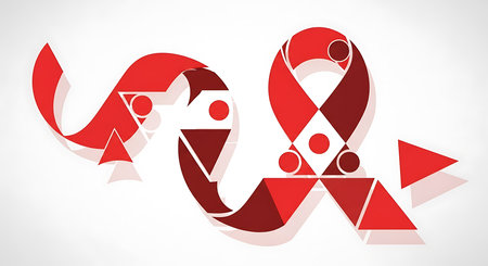 Aids day awareness campaign with red geometric shapes. Modern concept with support symbol for people with hiv and healthcare awareness program.の素材