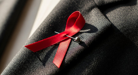 Red ribbon awareness pinned on black suit jacket supporting aids hiv world day cause representing solidarity and prevention. Symbolizing fight against aids.の素材