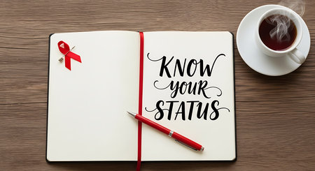 Know your status aids awareness concept with notebook pen and red ribbon pin on wooden background healthcare idea. International hiv day remember status.の素材