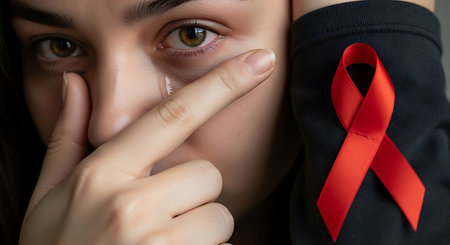 Close up portrait of crying woman with aids awareness red ribbon shows support for people with hiv infection and world aids day. Tears in eyes.の素材