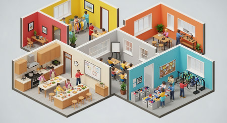 Isometric rendering depicting vocational educational programs like cooking, tailoring, academics, community service. Practical skills development and community engagement.の素材