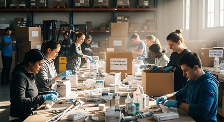Dedicated volunteers pack essentials for medical aid, emphasizing support. Showcases global humanitarian effort within warehouse promoting generosity.の素材