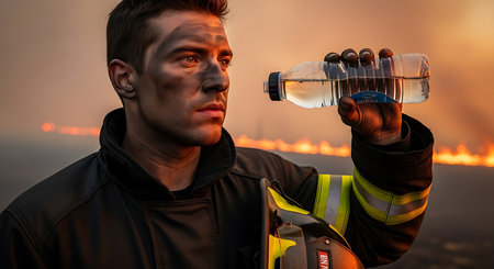 Firefighter holding bottle of water for hydration and relief after battling flames. Demonstrating strength and determination in face of danger and courage.の素材