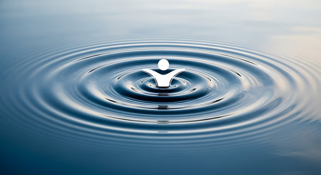 Abstract human figure makes wave circle in tranquil blue water. Visual of calming water and abstract conceptual of people make impact on environment.の素材